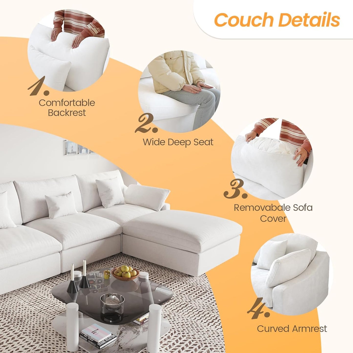 JACH L-Shaped Sectional Couches for Living Room, Cloud Sectional Couch with Deep Seat, Modular Sectional Sofa with Chaise, Covers Removeable & Washable, Sofas Furniture for Living Room, White