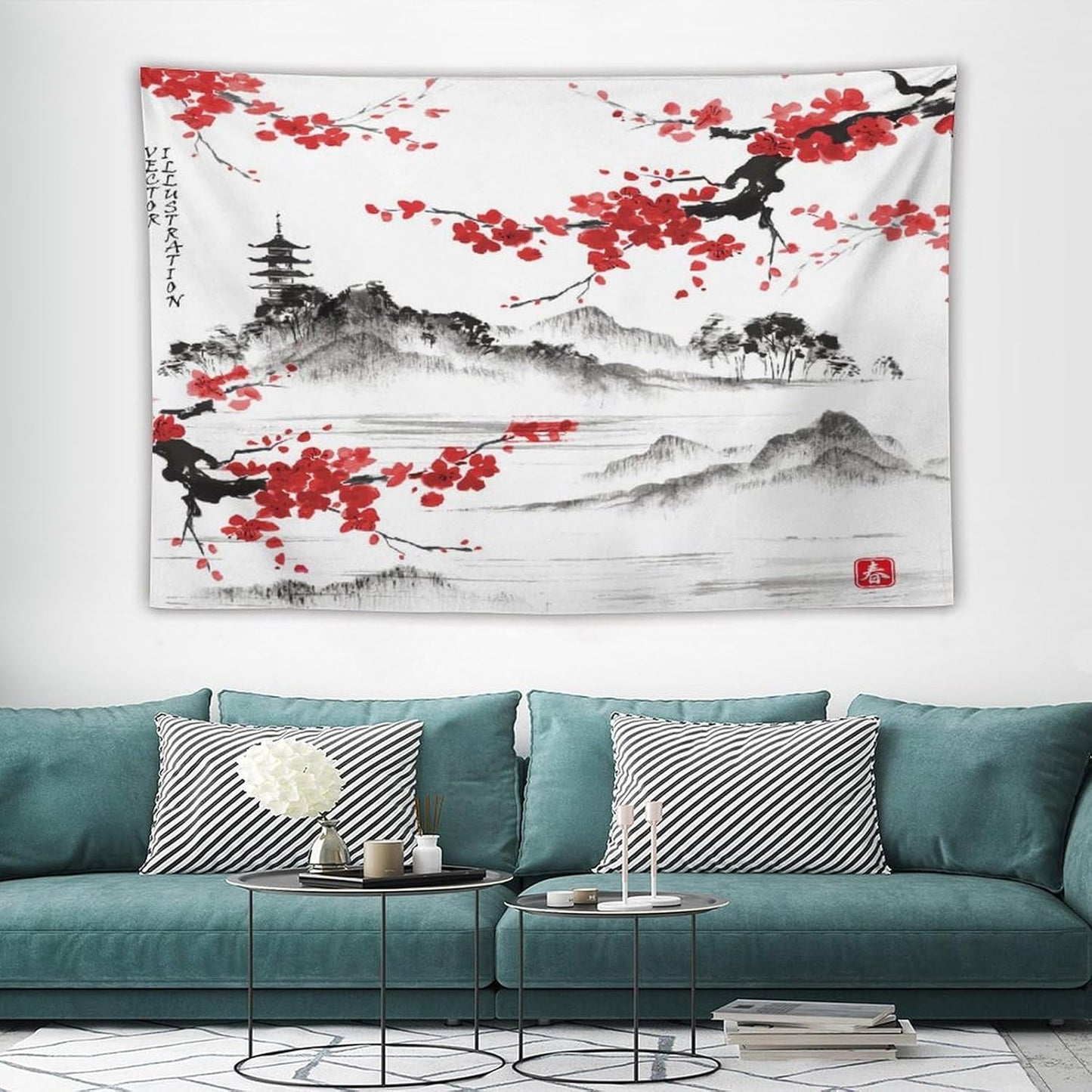Cherry Blossoms Tapestry, Japanese Fuji Mountain Tapestry, Asian Japanese Wall Tapestry, Nature Landscape Tapestries for Bedroom Living Room Decor 60"x40"