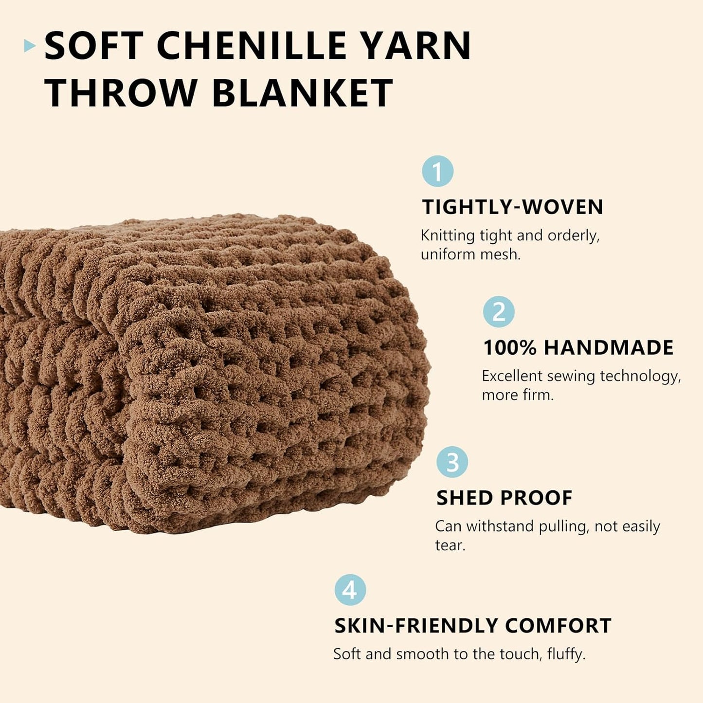 L'AGRATY Chunky Knit Blanket Throw: 72''x84'' Chenille Chunky Knitted Throw Blanket for Bed Couch - Handmade Thick Big Cable Knit Blanket - Large Chunky Crochet Rope Blanket for Home Decor(Brown)