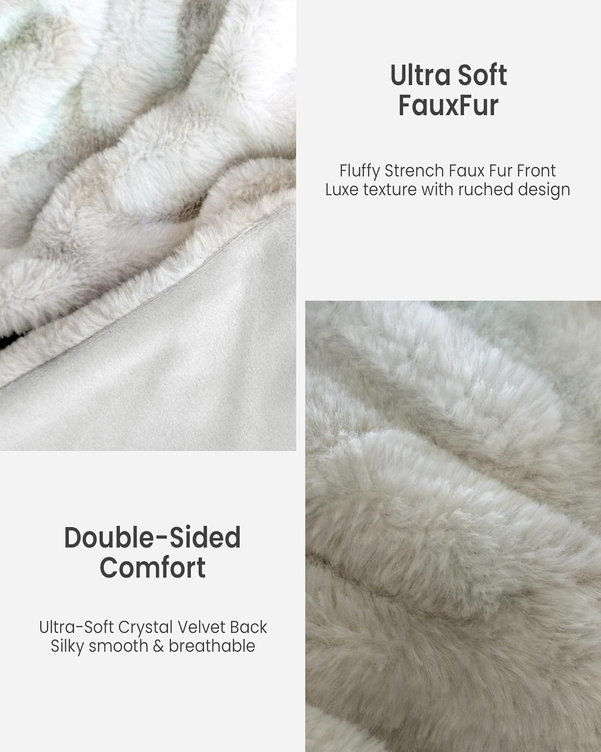 Faux Fur Blanket, Twin Size Oversized Throw Blanket for Couch, Fluffy Blanket with Stretch Ruched Design, Ultra Soft Giftable Home Decor, 60x80 inches, Tie-Dyed in White and Gray