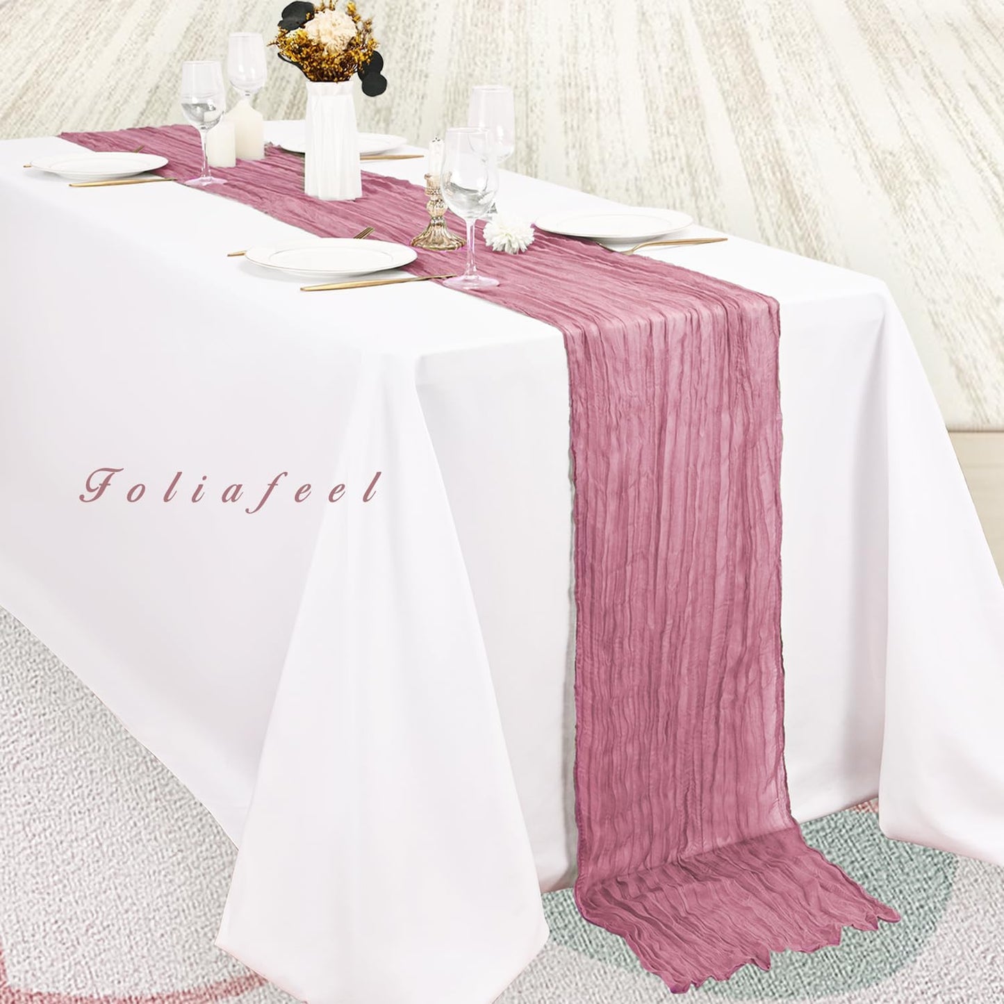 12 Pack Dusty Rose 10FT Cheesecloth Table Runner 20 x 120 Inch Long Rustic Gauze Fabric Cheese Cloth Table Runner for Wedding Bridal Baby Shower Table Decorations Boho Sheer Birthday Party Table Decor