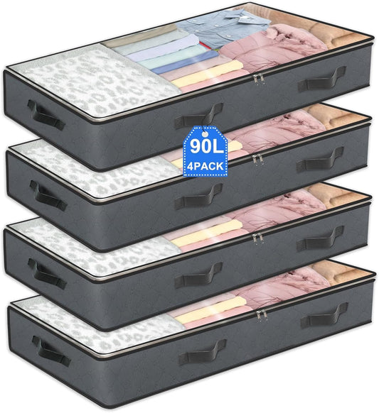 4 Pack Under Bed Storage, 90L Collapsible Closet Containers Organizers and Under Bed Storage Bins, Underbed Storage Bags for Wrapping Paper, Blanket, Towels, Clothes, Comforter, Sweaters, Linen Sheet