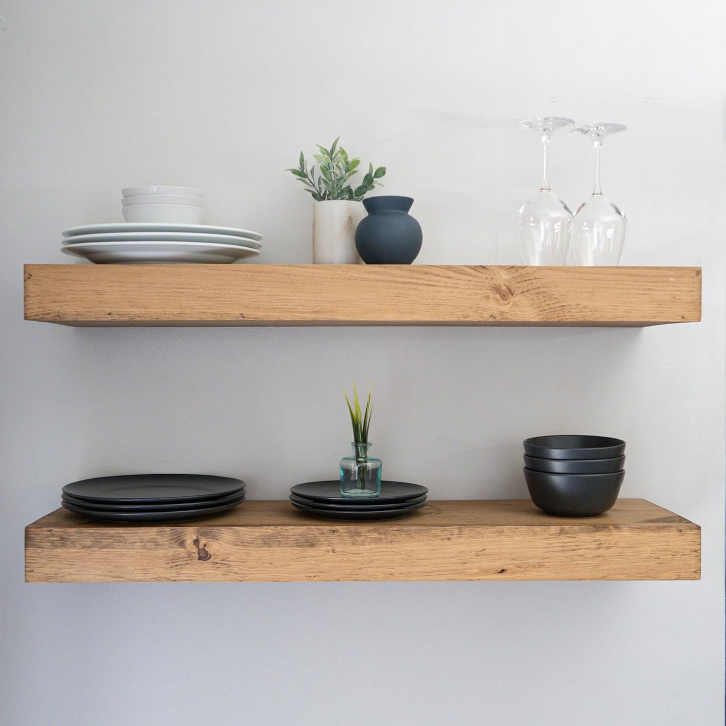 Modern Floating Shelves 3 Inches Thick for Wall, Wide Shelves for Kitchen, Living Room, Bedroom, and Bathroom, Natural Pine Wood, Rustic Wooden Shelf, (Set of 2) (Aged Oak, 24Lx3Hx8D)