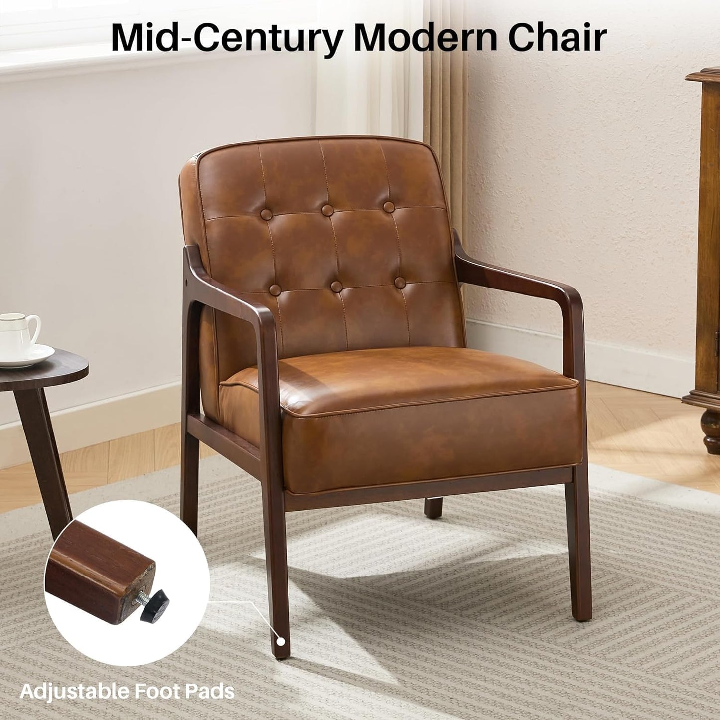 Faux Leather Accent Chair Set of 2, Mid Century Chair for Living Room, Upholstered Comfy Lounge Armchair with Solid Wood Frame, Modern Chair for Bedroom,105°Ergonomic Comfort, Brown