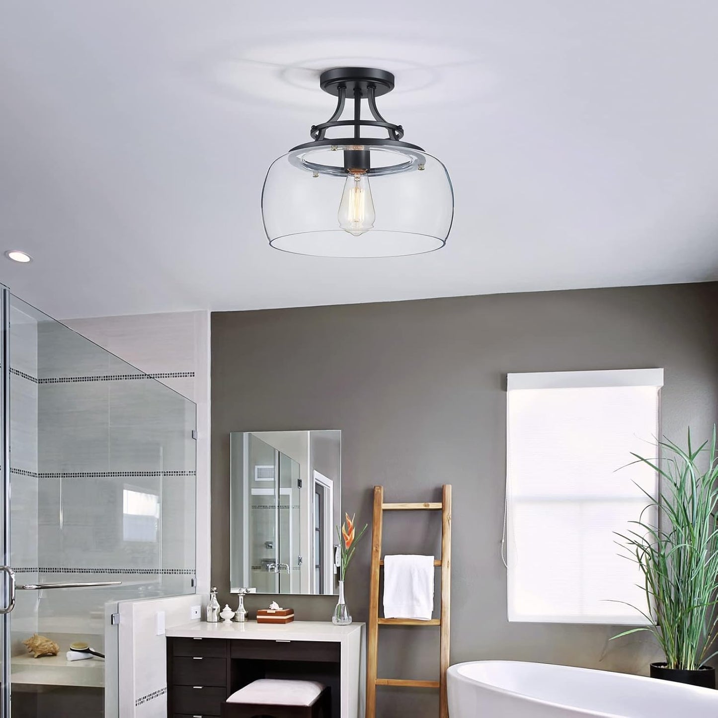 WUZUPS Chandelier Rustic Farmhouse Industrial Round Semi-flushmount Ceiling LED Light Fixture with Clear Glass Shades for Bathroom Kitchen Foyer Entryway, H 11.8" x W 13.4", E26 Base, Black