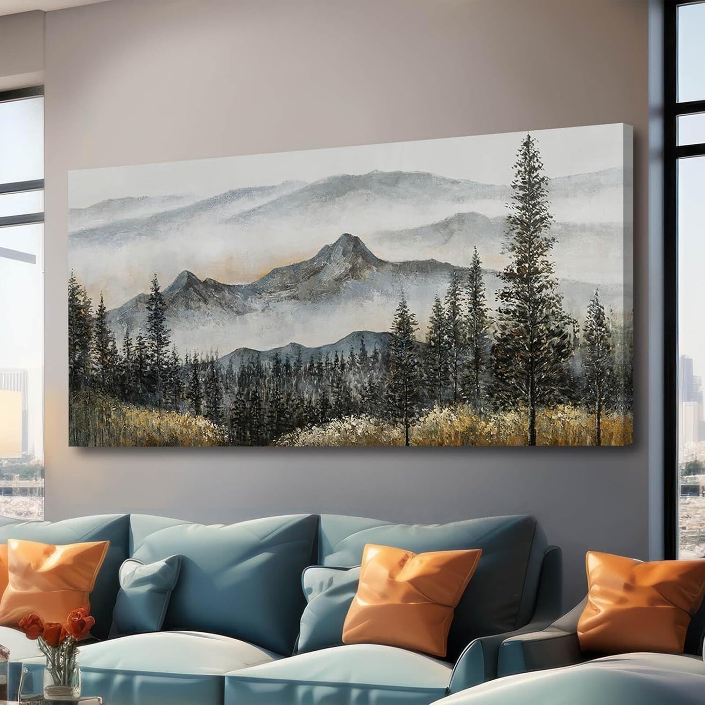Foggy forest Wall Decor,Framed Canvas Wall Art, Large Artwork Green Mountain Pictures Boho Pine Tree Wall Painting Mountains Landscape Art for Home Living Room Office 29"x58"