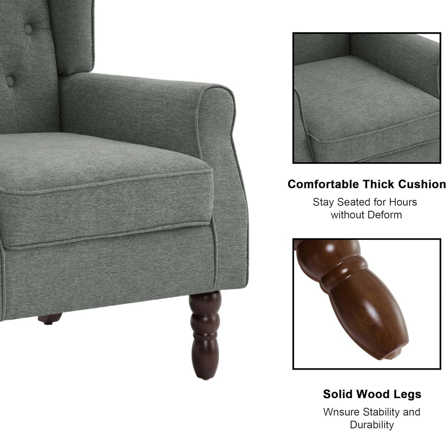Accent Chair, Upholstered Armchair with Button Tufted High Back & Solid Wood Legs, Comfy Wingback Reading Single Sofa Chair for Small Spaces, Living Room, Bedroom (Grey, Set of 2)