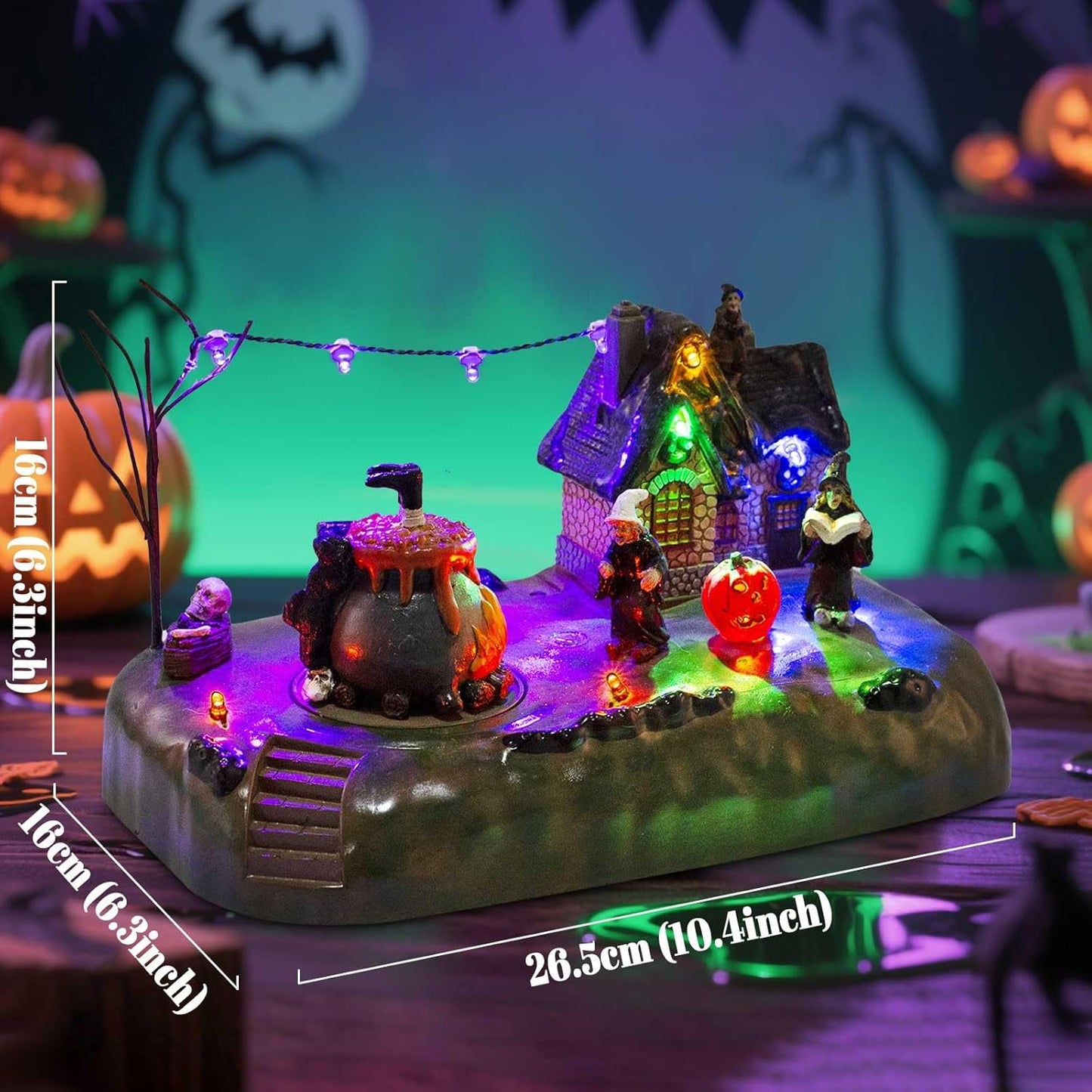 Halloween Village Witch Cauldron Bubble Figurine with Lit House Spooky Town Indoor Decoration Accessories for Holiday Display, Battery Operated