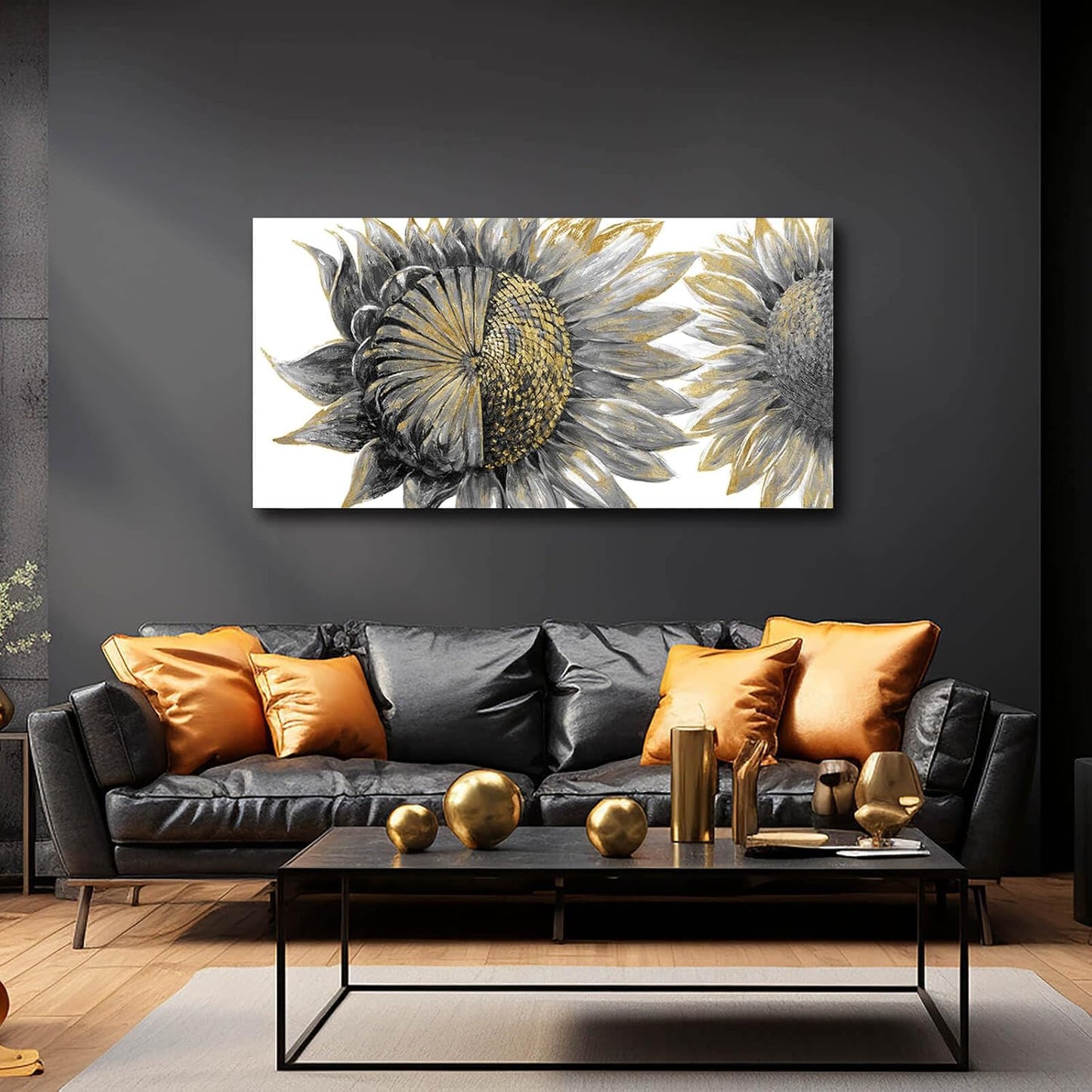 sunflower wall art black art Floral Canvas Wall decorations Canvas Art Wall Decor botanical wall art plant pictures for women girls room 24"x48"