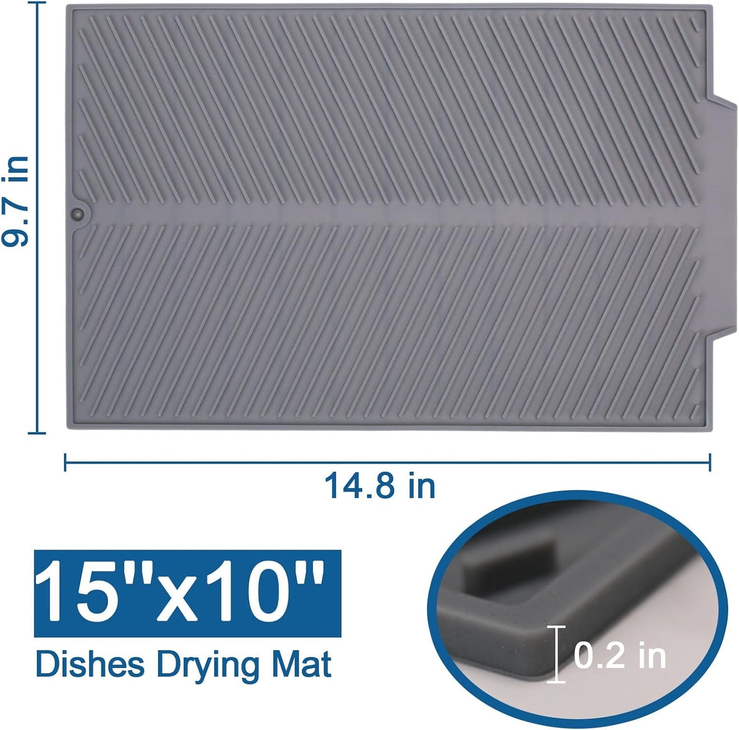 Silicone Dish Drying Mat for Kitchen Counter, 15''x 10'' Drying Mat with Drain Lip, Non-Slip Dish Drainer Mats with Built-in Drain, Heat Resistant Drain Pad on Countertop, Gray