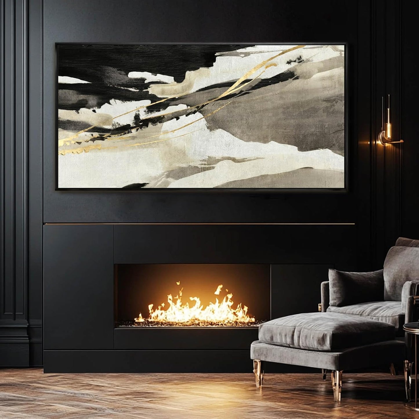 Black Gold Abstract Wall Art White Wall Decorations Canvas Art for Living Room Contemporary Painting Wall Decor Framed Pictures 29"x58"