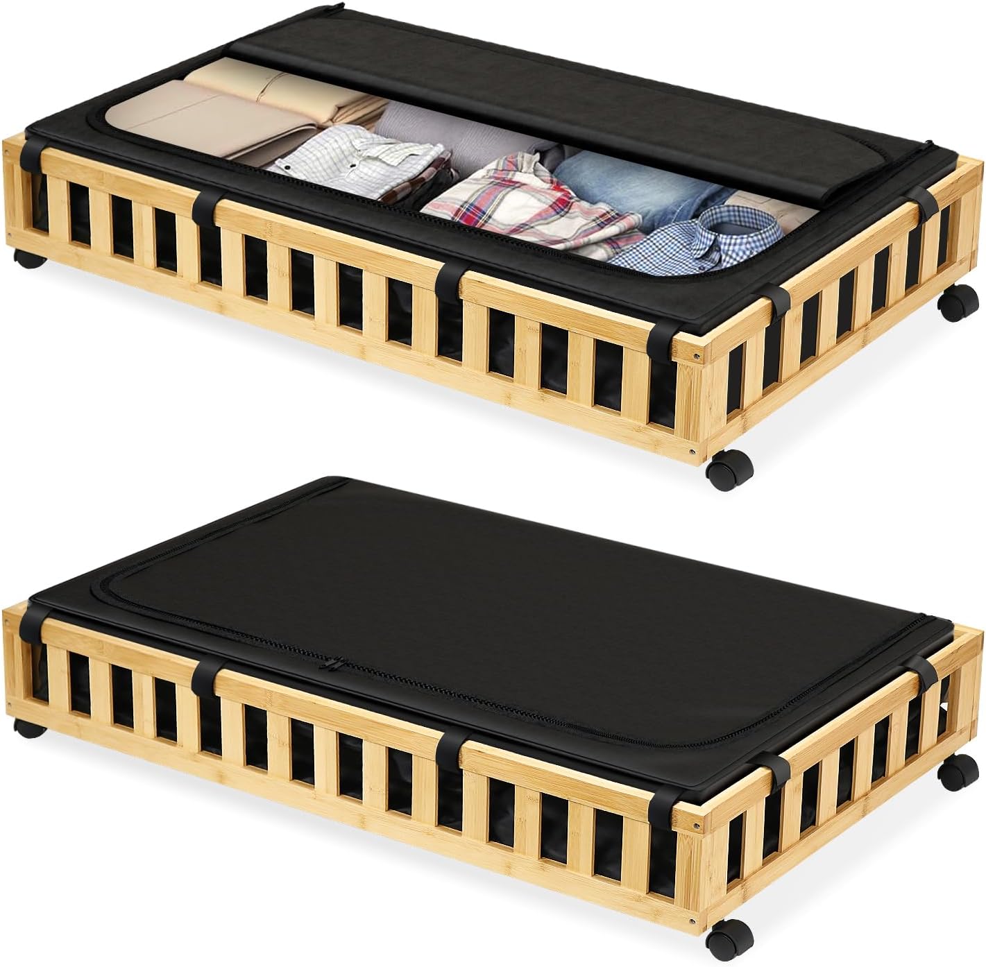 2 Pack Bamboo Under Bed Storage with Wheels, 39”x20”x7.8” Lager Under Bed Storage Containers (Natural)