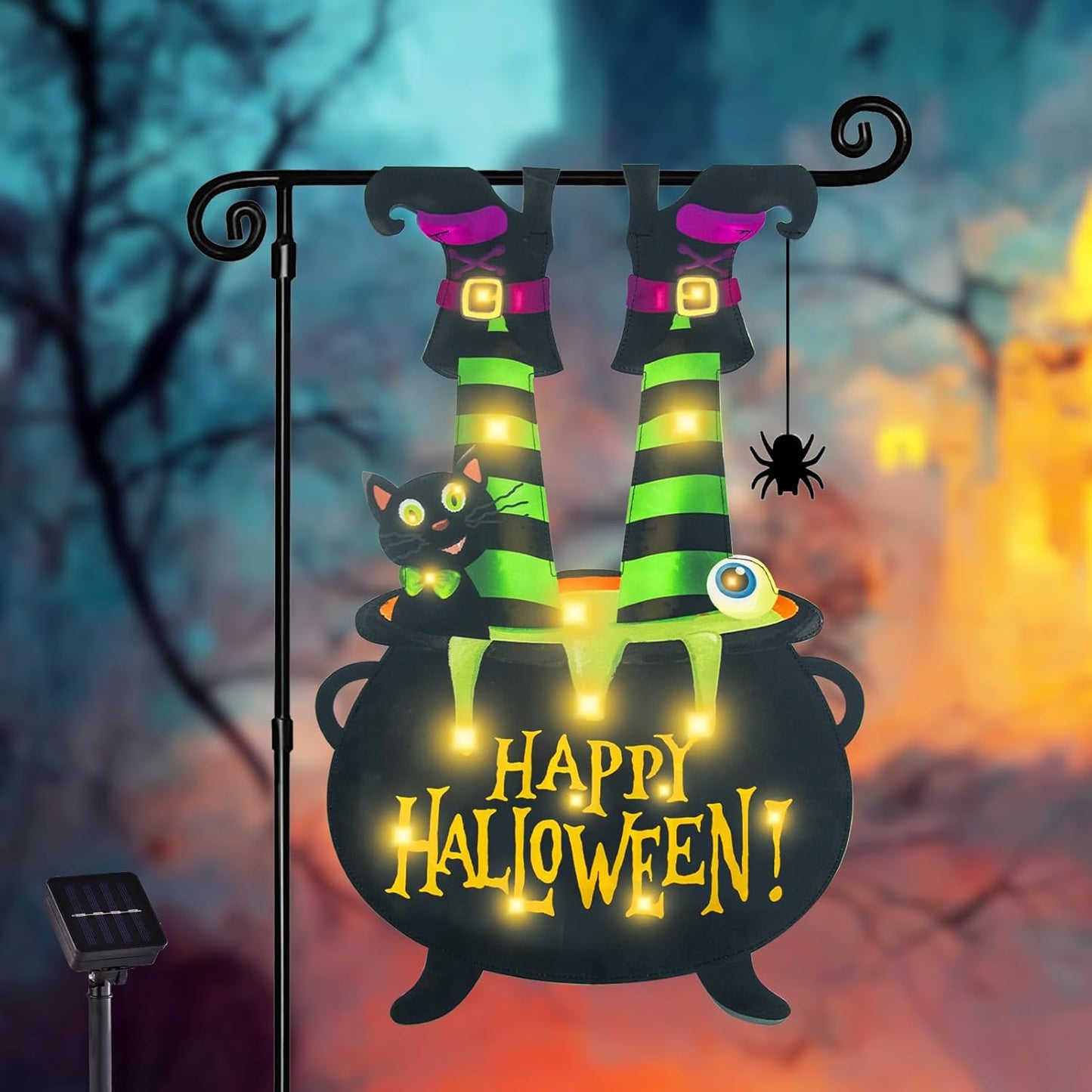 Halloween Lighted Garden Flag for Outside, Witch Feet Shape Flag Yard Decor, 8 Modes 12x18 Double Sided Cauldron Eyeball Black Cat Outdoor Hlloween Decorations for Home Porch（Warm White-12x18）