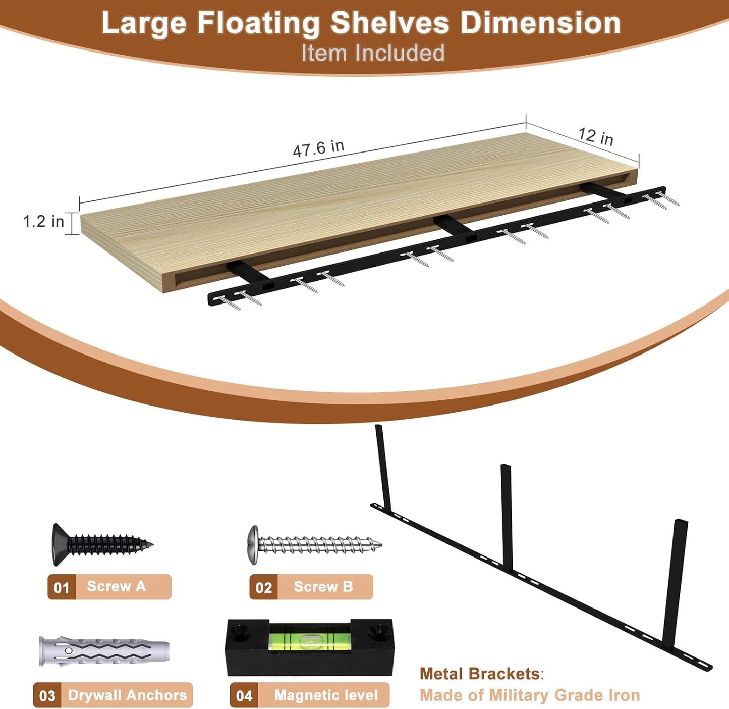 48 Inch Floating Shelf 3 Pack Large Floating Shelves for Wall No Drilling Accessories Included Deep Wall Shelves for Living Room Kitchen Farmhouse 48" W x 12" D x 1.2" Oak