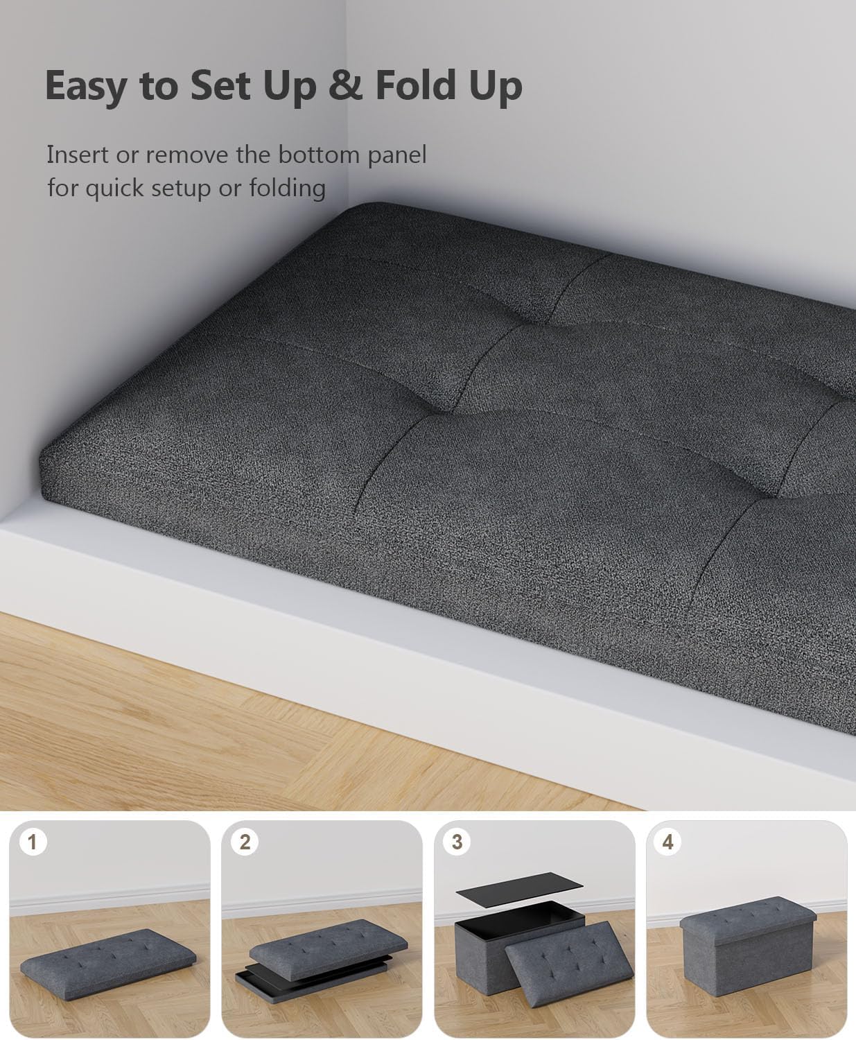 Storage Ottoman Bench, Folding Ottoman Foot Rest, 15 x 30 x 15 Inches, End of Bed Bench,Storage Chest, for Living Room, Bedroom, Hallway, Entryway, Dark Gray