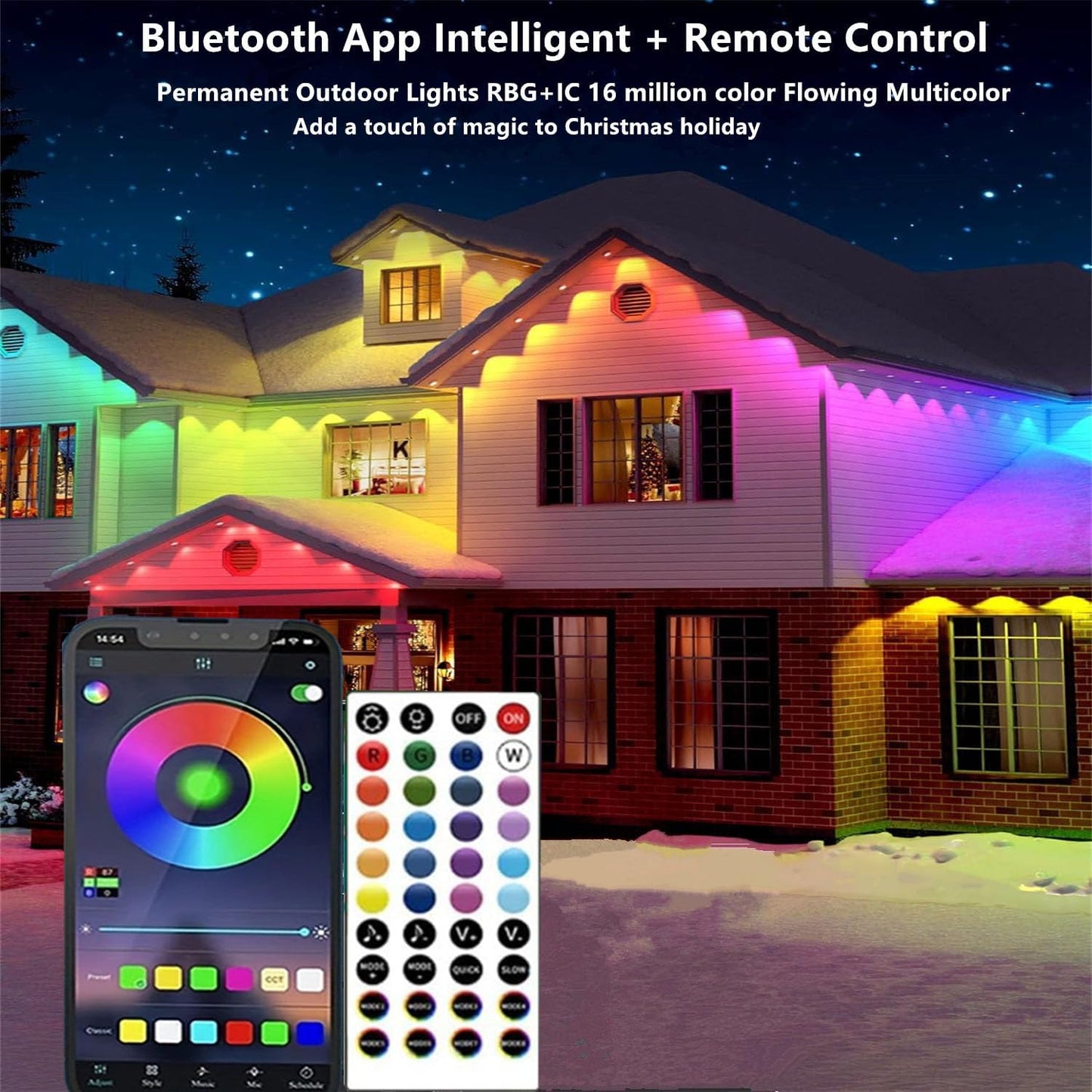 Permanent Outdoor Lights,300ft RGB + IC Smart LED Eaves Lights with App & Remote Control, IP67 Waterproof,for Christmas and All Holiday Decor,Daily and Accent Lighting,House Roof and Garden Lighting