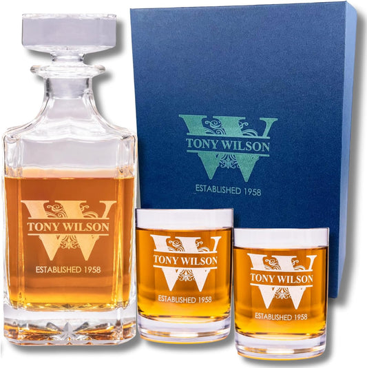 Gifts Inscribed Personalized Whiskey Decanter Set - Engraved Whiskey Decanter Bottle & Set of 2 Custom Drinking Glasses Laser Etched - Customized Whisky Gift for Wedding, Birthday, Fathers Day