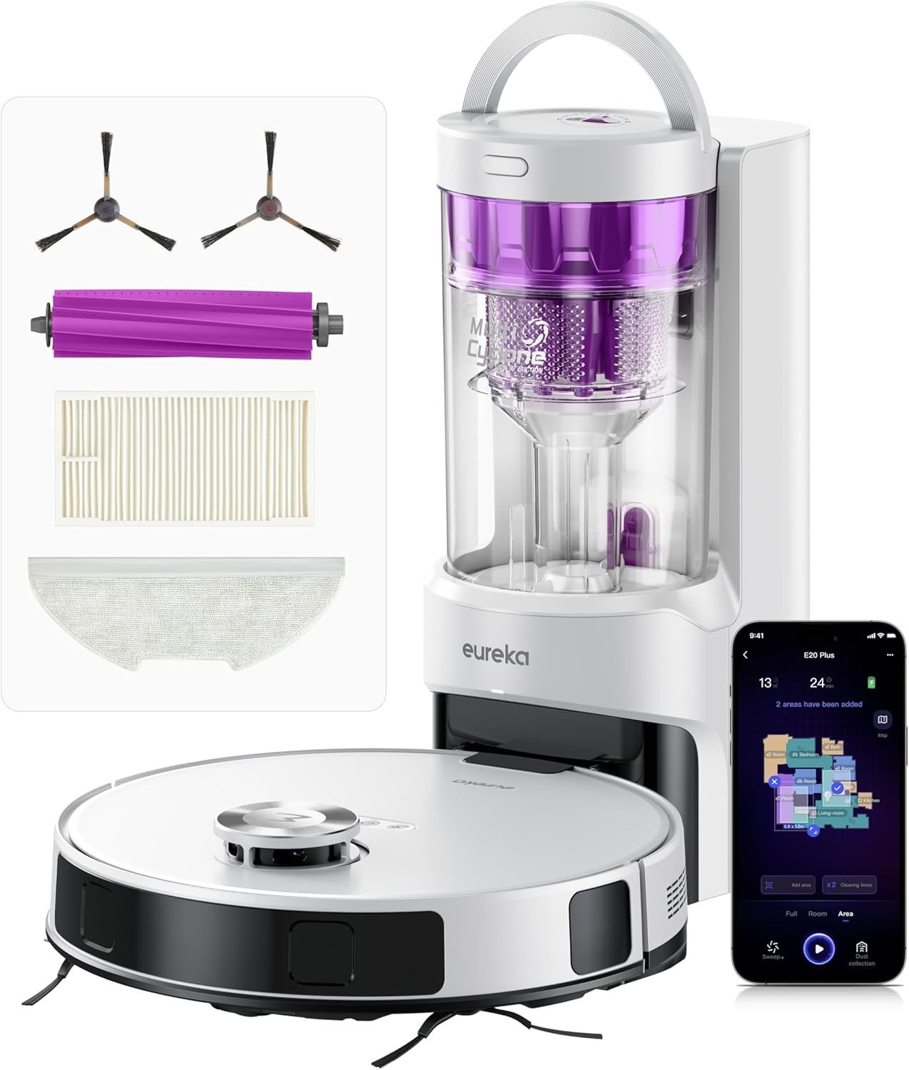 Eureka E20 Plus Robot Vacuum and Mop Combo, Robot Vacuum Cleaner with Bagless Self Emptying Station, 45-Day Capacity 8000Pa Suction and Anti Hair-Tangling Brush App Control LiDAR Navigation