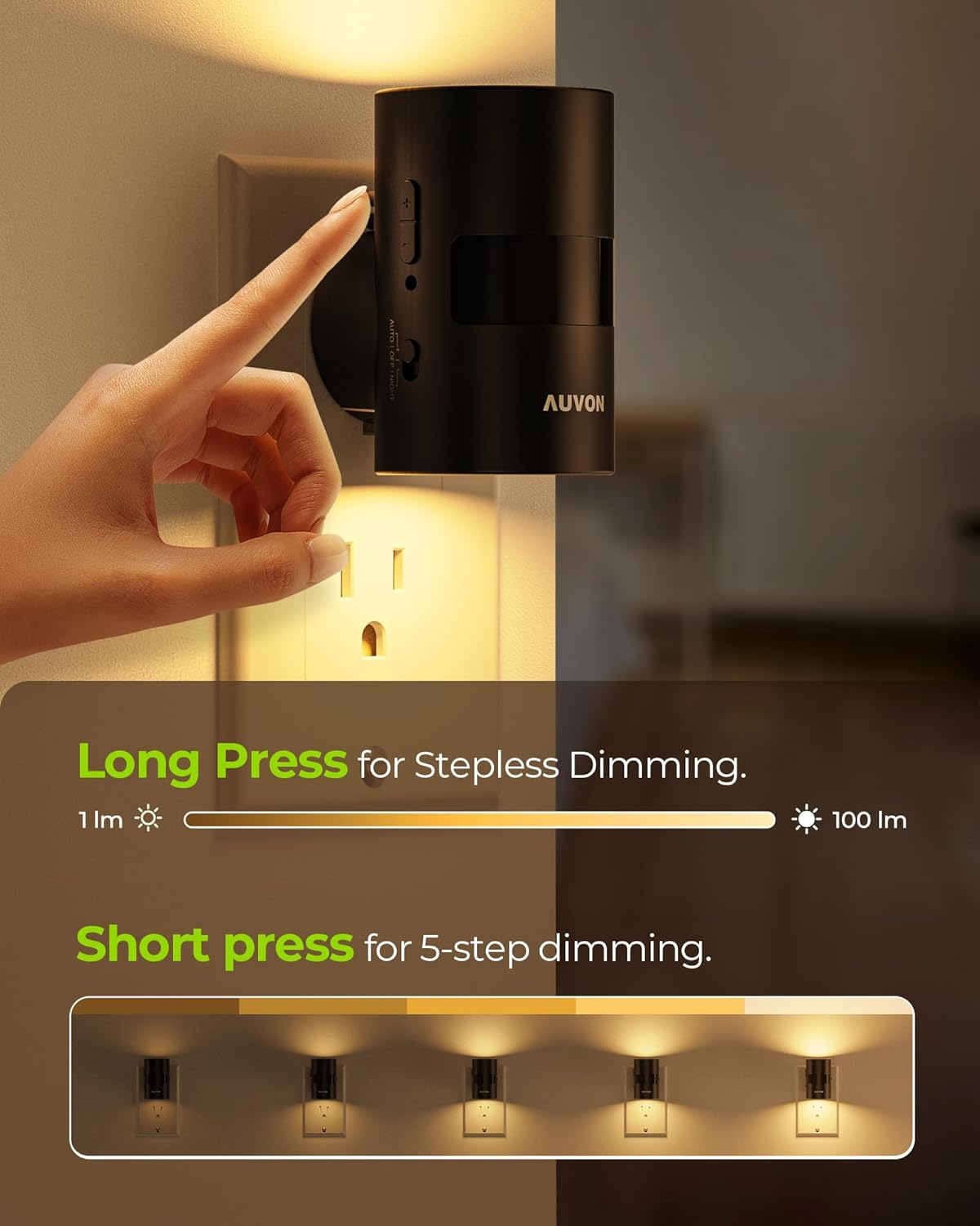 AUVON LED Night Lights Plug into Wall, Dimmable Night Light with Motion Sensor, Dusk to Dawn Sensor & Rotatable Design, 1-100LM Adjustable Brightness Warm White for Bedroom, Hallway, 2-Pack