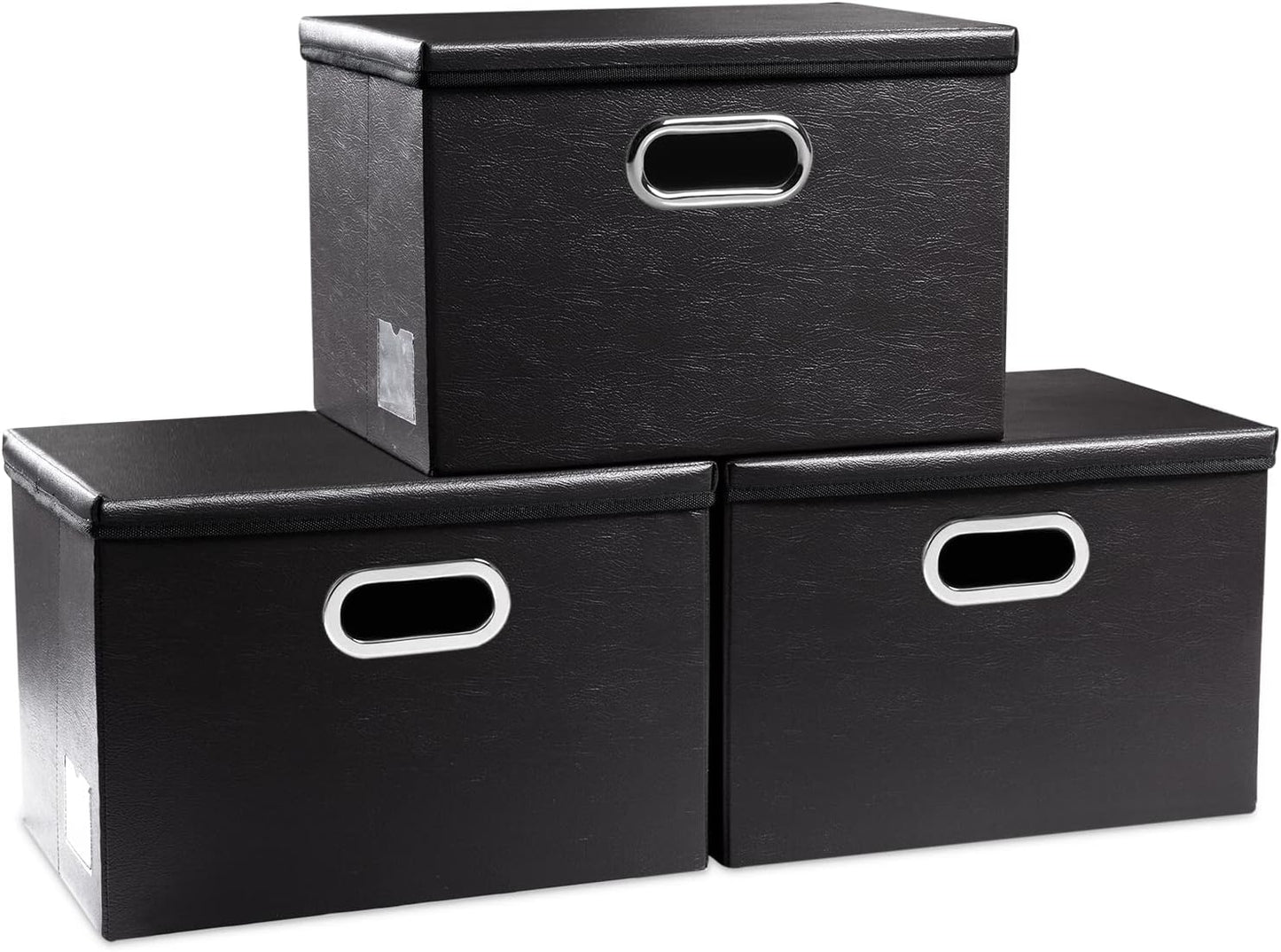 PRANDOM Collapsible Storage Bins with Lids [3-Pack] Leather Fabric Foldable Storage Boxes Organizer Containers Baskets Cube with Cover for Bedroom Closet Office Nursery Black (14.9x10.8x10)