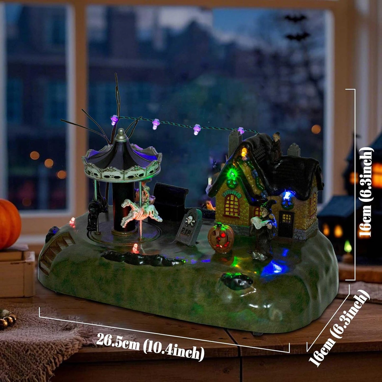Animated Halloween Carousel Village House, LED Spooky Festival Display Collection Battery Operate, Indoor Use only