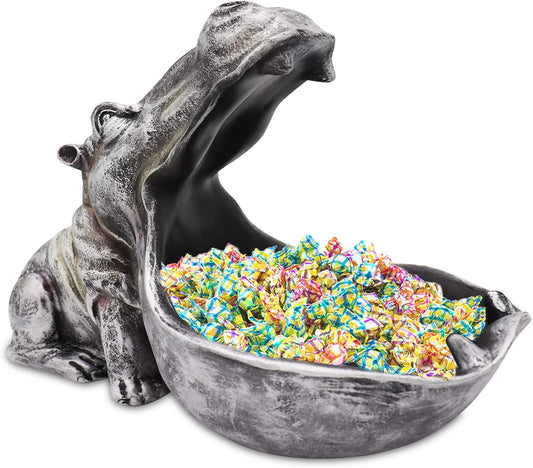 aboxoo Hippo Statue Home Resin Hippopotamus Figurine Fun Candy Dish,Key Bowl,Big Mouth Sculpture Table Art Decoration Sundries Container Storage Boxes (Grey)