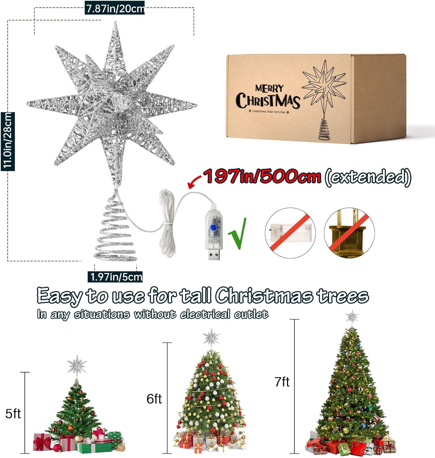 Christmas Tree Topper Star with Colorful 50 LED Lights, Star Tree Topper for Christmas Tree Tradition Moravian Decor, 11X 7.87 Inch with 5m Long Line, Estrella para Arbol De Navidad, Silver
