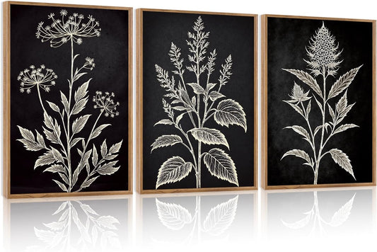 HPNIUB Vintage Floral Framed Canvas Wall Art Set, Minimalist Botanical Wall Decor, Nature Inspired Wildflower Leaf Wall Painting, Farmhouse Neutral Artwork for Living Room, Bedroom, Office-16 x24 x3