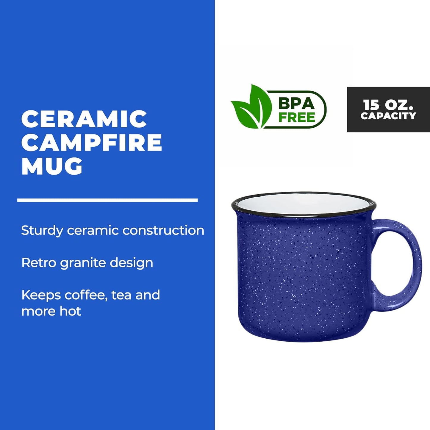 Set of 8 Ceramic Campfire Mugs – 15 Oz, Cobalt Blue – Coffee & Tea Cups for Home, Work, Travel, Camping – Customizable, Great for DIY, Events, Companies