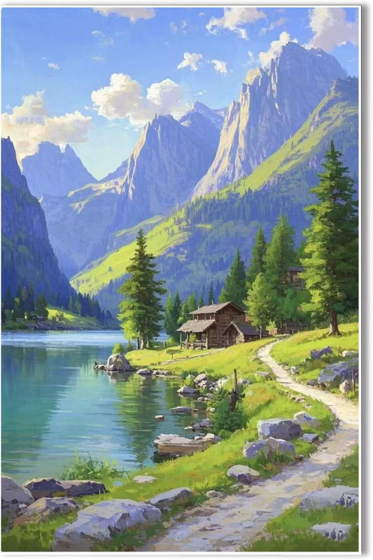 Landscape wall painting of mountain forest lakeside cabin under blue sky and white clouds natural oil painting poster suitable for living room bedroom office