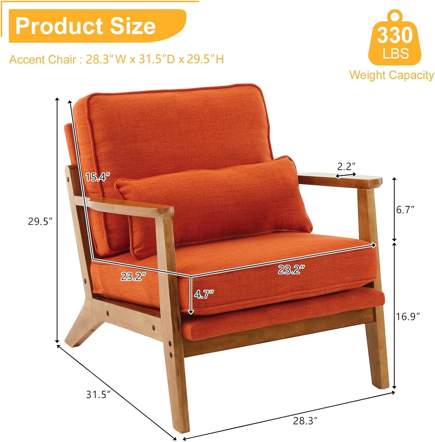 Karl home Accent Chair Wide Armrest Mid-Century Lounge Chair Linen Fabric Armchair with Lumbar Pillow & Solid Wood Frame for Living Room, Bedroom, Balcony, Burnt Orange