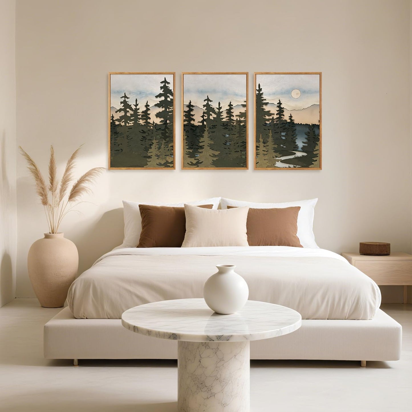 HPNIUB Vintage Mountain Framed Canvas Wall Art Set, Boho Sunrise Art Prints, Forest Nature Wilderness Art Paintings, Abstract Farmhouse Pine Tree Wall Decor for Living Room Bedroom, Office- 16"x24"x3