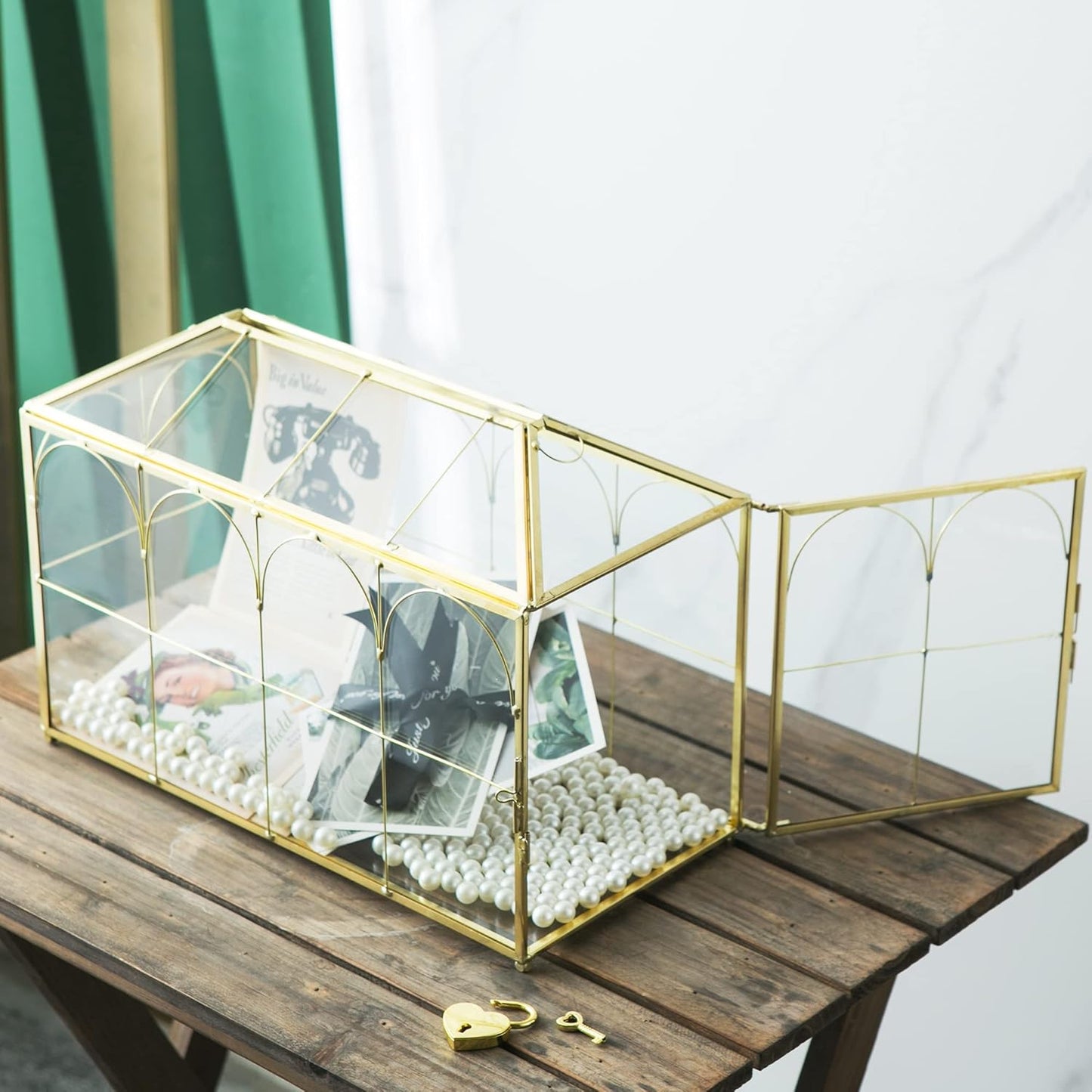 Glass Wedding Card Box with Slot, 12.6 inch Large Clear Card Box Gold Brass Gift Card Storage Box with Lock for Wedding Receptions, Baby Shower, Birthday Party, Bridal Shower