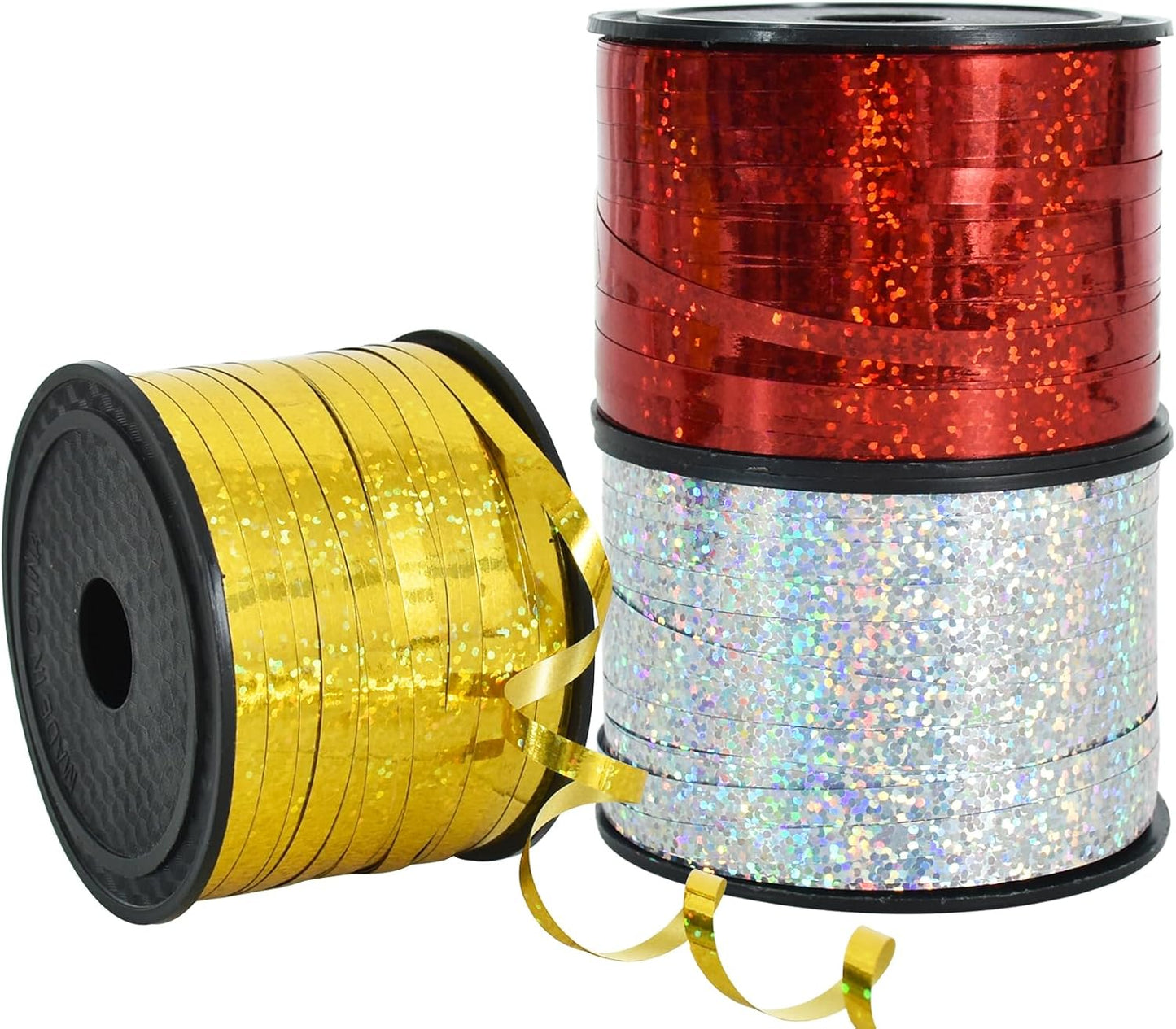 BEISHIDA 3 Pack 100 Yards Gold Silver Red Curling Crimped Glitter Ribbon Balloon String Shiny Metallic Gift Wrapping Ribbon Birthday Party Christmas Art Craft Decoration