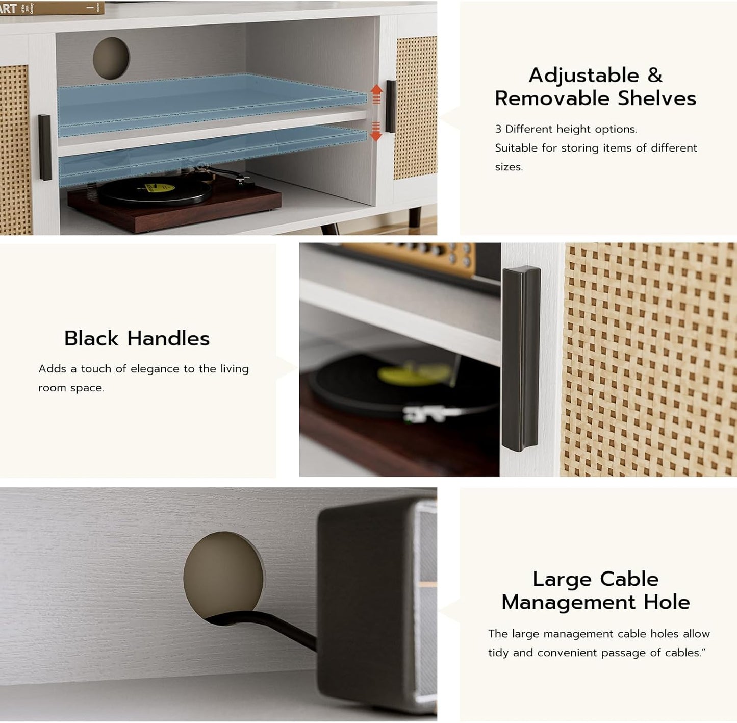 TV Stand for TVs up to 65'', Mid Century Modern Entertainment Center with Rattan Door, Shelves & 2 Cabinets, Boho Media TV Console for Living Room, Bedroom, White