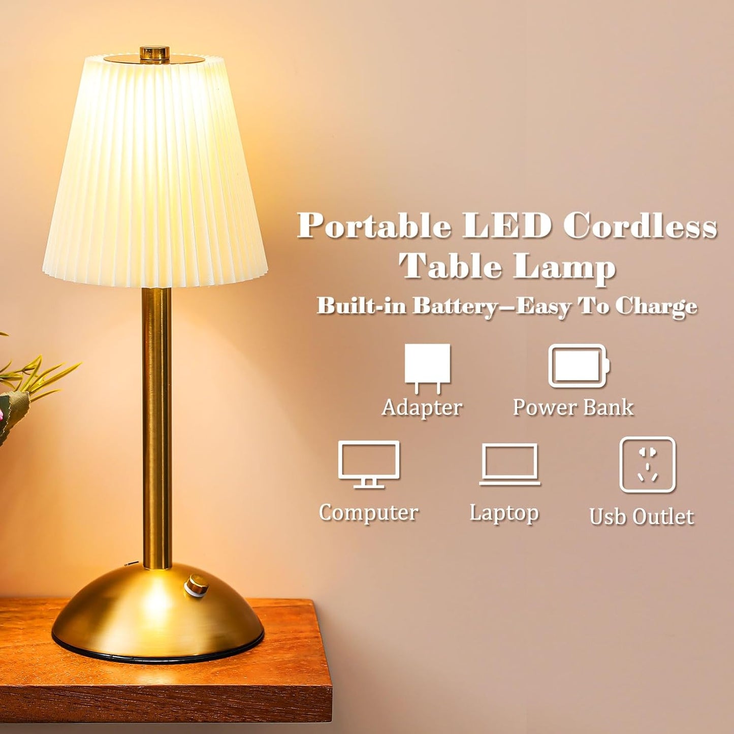 Liliful 2 Pcs LED Portable Cordless Table Lamp Touch Battery Operated Rechargeable Desk Lamp 3 Color Dimmable for Bedroom Living Room Dining (Beige Cloth Style,Gold)