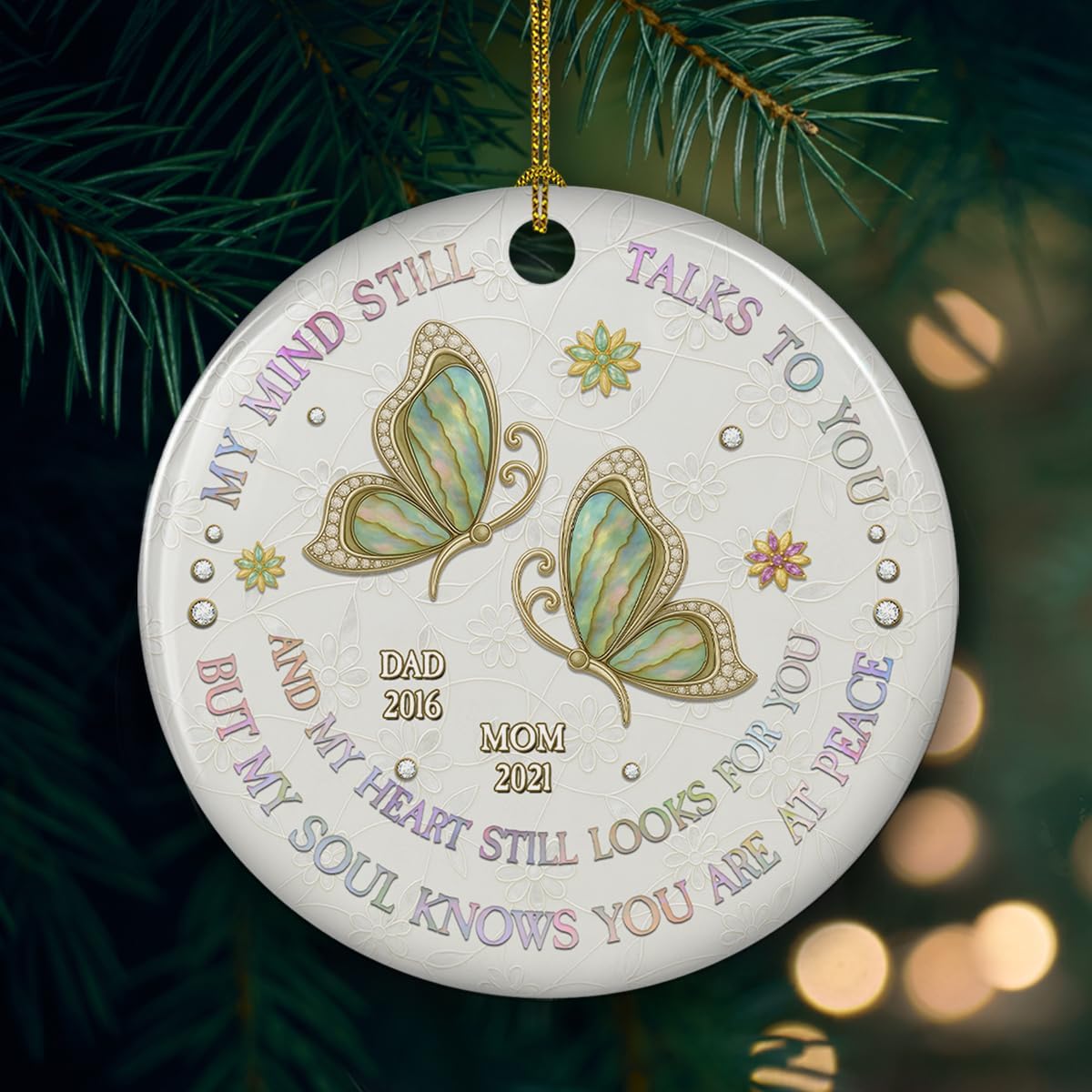 Memorial Ceramic Ornament Personalized Butterfly My Mind Still Talks to You - Custom Name Christmas Remembrance Ornament for Loss of Loved Ones Memory of Mom Dad in Heaven Sympathy Gift