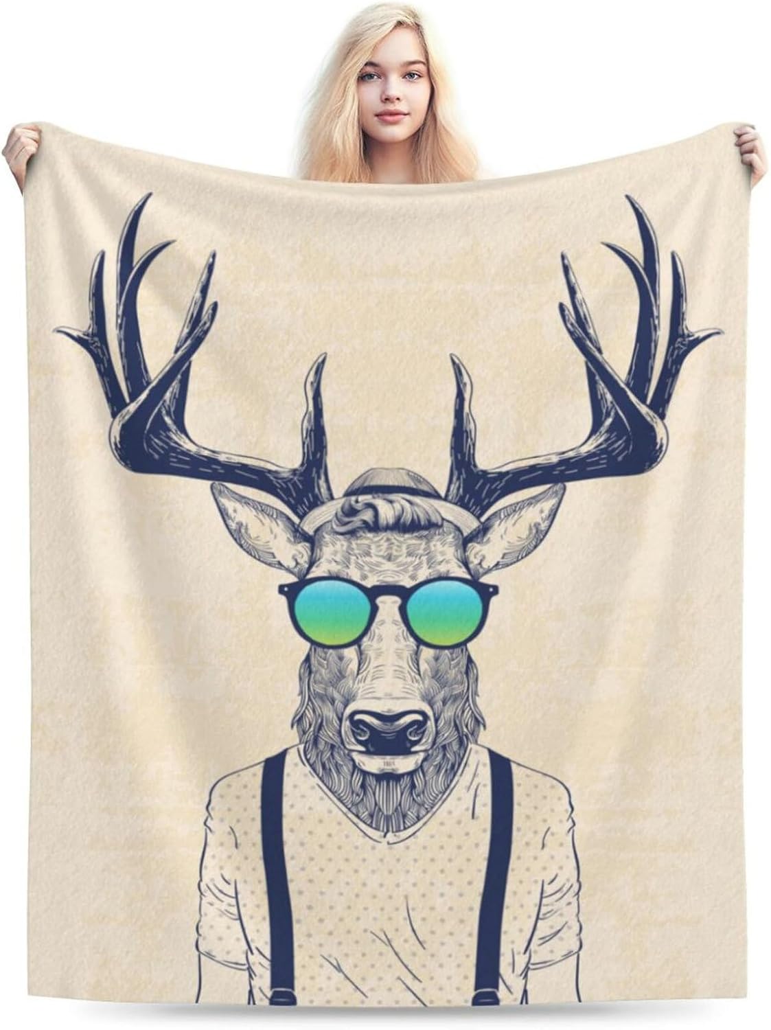 HGOD DESIGNS Deer Throw Blanket Deer Dressed up Like Cool Hipster Blanket Super Soft Flannel Throw Blanket Lightweight Plush Fuzzy Bed Blanket for Bedding Sofa and Travel 50"X60"