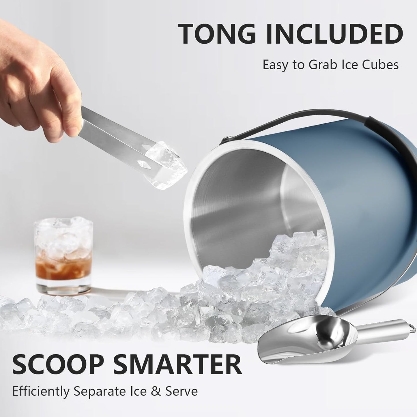 3L Ice Bucket with Silicone Lid, Scoop, Tongs & Strainer, Stainless Steel Double Wall Insulated Ice Buckets for Parties & Cocktail Bar, Outdoor Champagne Ice Container Bin, Navy