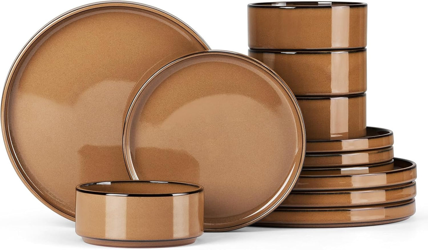 Onader Stoneware Dinnerware Sets for 4, Plates and Bowls with Unglazed Terracotta Bottom, Elegant Kitchen Ceramic Dish Dishware Set, Reactive Glaze 12 Piece - Earthy Umber