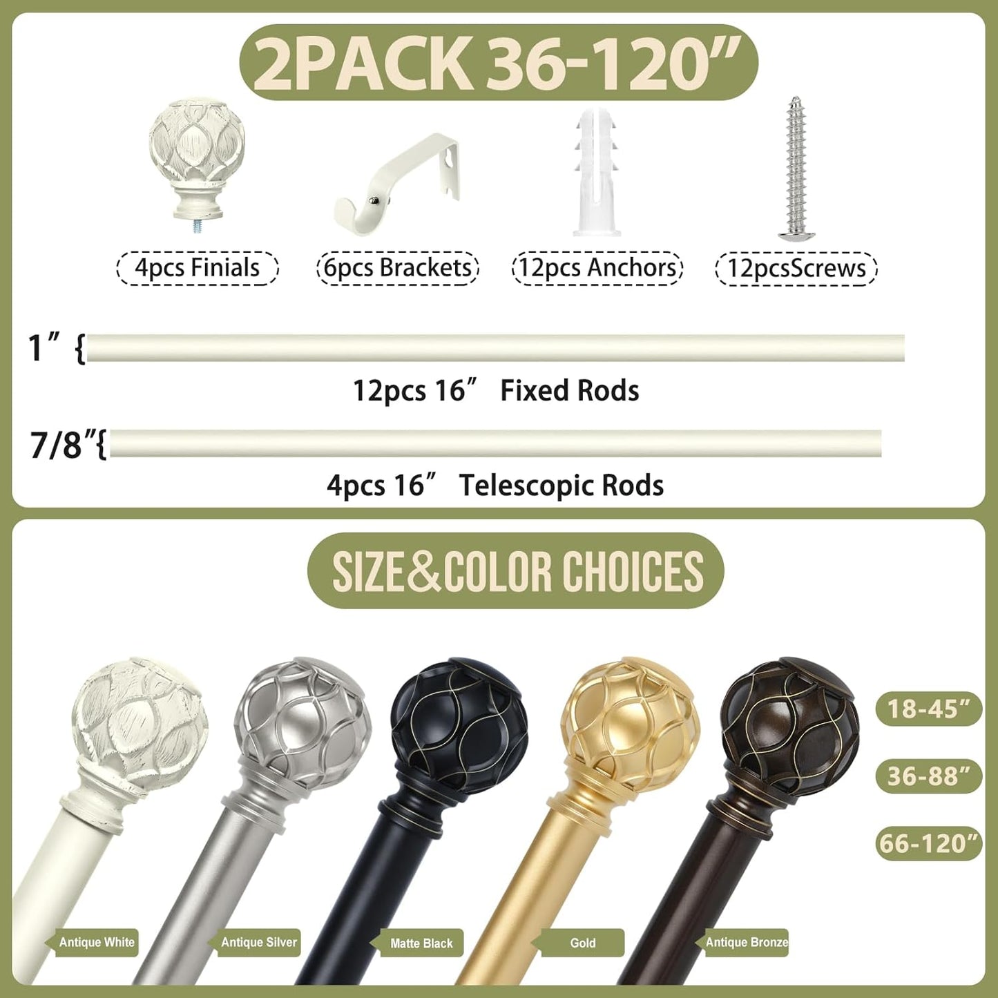 White Farmhouse Curtain Rods for Windows:Heavy Duty Adjustable Curtain Rod for Bedroom Living Room,Boho Decorative Rustic Drapery Rods with Vintage Coastal Finials,Antique White 2 Pack 66-120"