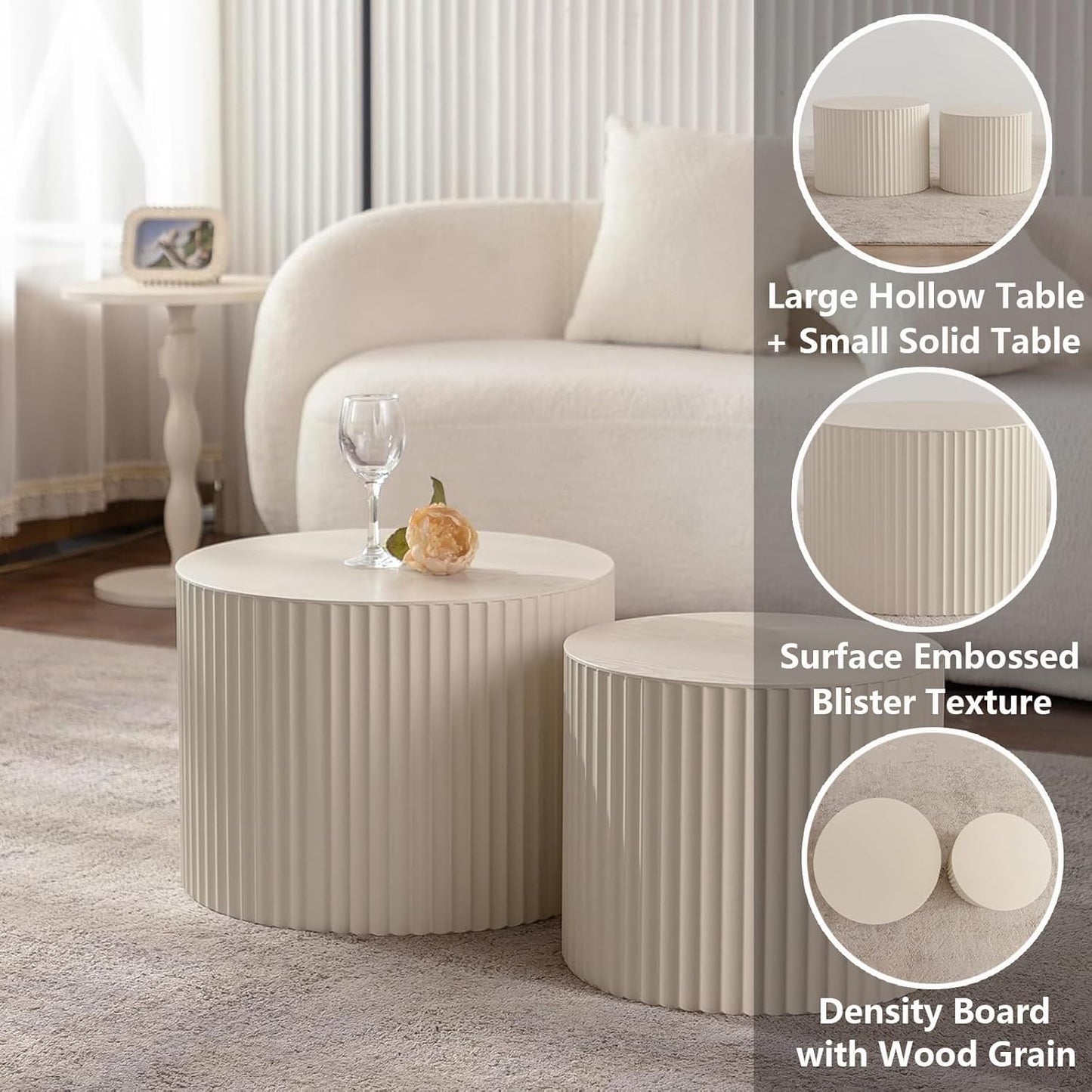 Round Nesting Coffee Table Set of 2, Modern Coffee and End Table Set Small Circle Wooden Drum Side Table Accent End Tables for Living Room Office, No Assembly,Cream Small