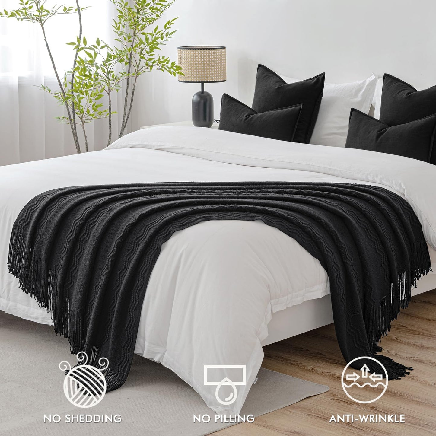 MIULEE Black Knitted Throw Blanket for Couch Textured Knit Blanket with Tassels Cozy Woven Boho Bed Blanket for Sofa Bed Chair Acrylic Wave Pattern 50"x60"