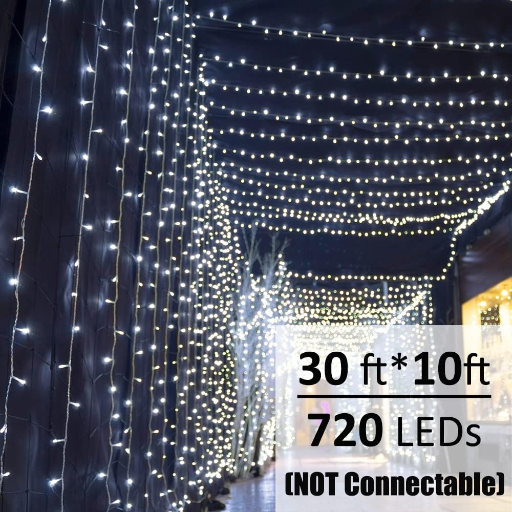 Solhice LED Curtain Lights Outdoor 30ft x10ft Cool White, 720 LED Plug in Hanging Christmas String Lights Indoor, Twinkle Light Backdrop for Outside Backyard Wedding Bedroom Decor (Not Connectable)