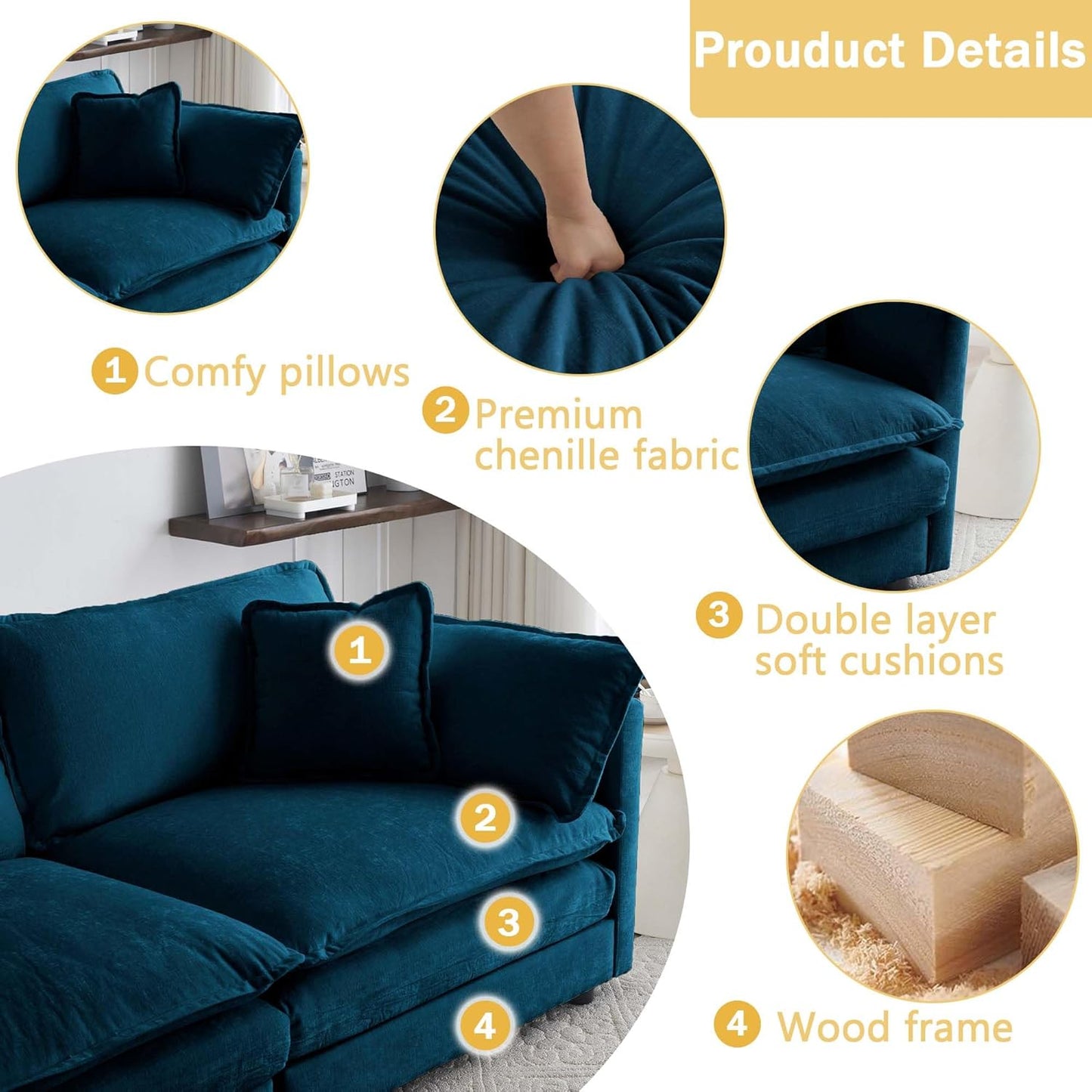 Sectional Sofa 3 Seater with Movable 1 Ottoman,Oversized Modular Couch Deep Seat (Blue, 111.5 inch-L)