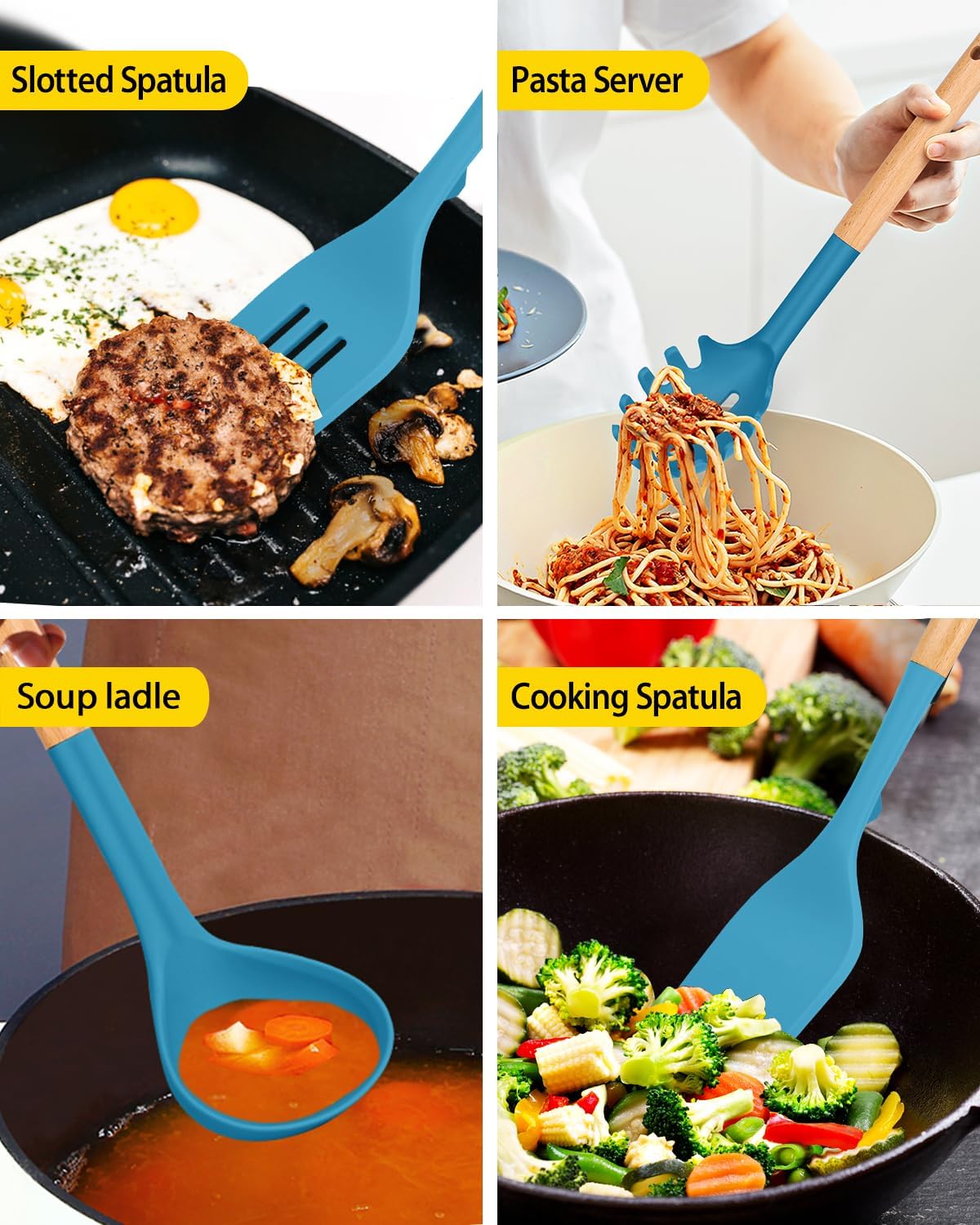 Silicone Kitchen Utensil Set for Non Stick Cookware, 7 Pcs Heat Resistant Cooking Utensils with Wooden Handle, BPA Free Kitchen Tools with Spatulas, Spoons, Skimmer and Pasta Fork (BLUE)