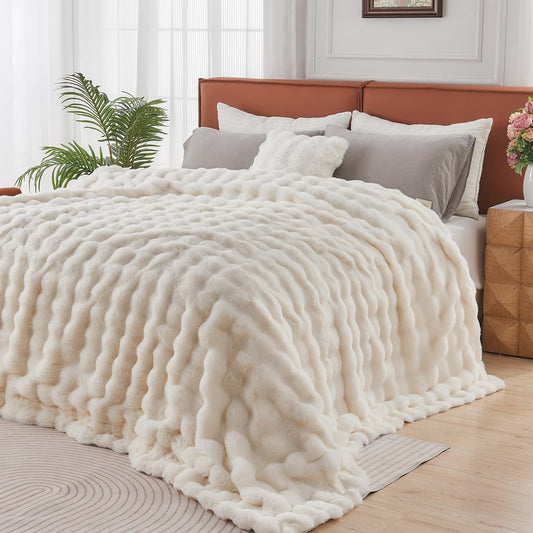 Lotus Karen King Size Faux Fur Blanket Cream White - Big Bubble Rabbit Fluff Throw for Bed Large Fluffy Fuzzy Cozy Thick Furry Plush Shaggy Blankets 108x90 Inches