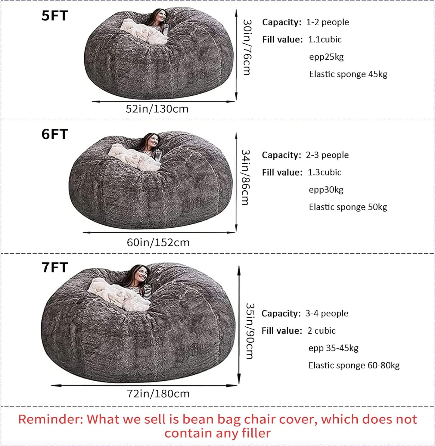 Big Huge Giant Bean Bag Chair for Adults, (No Filler) Bean Bag Chairs in Multiple Sizes and Colors Giant Foam-Filling Required- Machine Washable Covers, Double Stitched Seams (Blue,7FT)