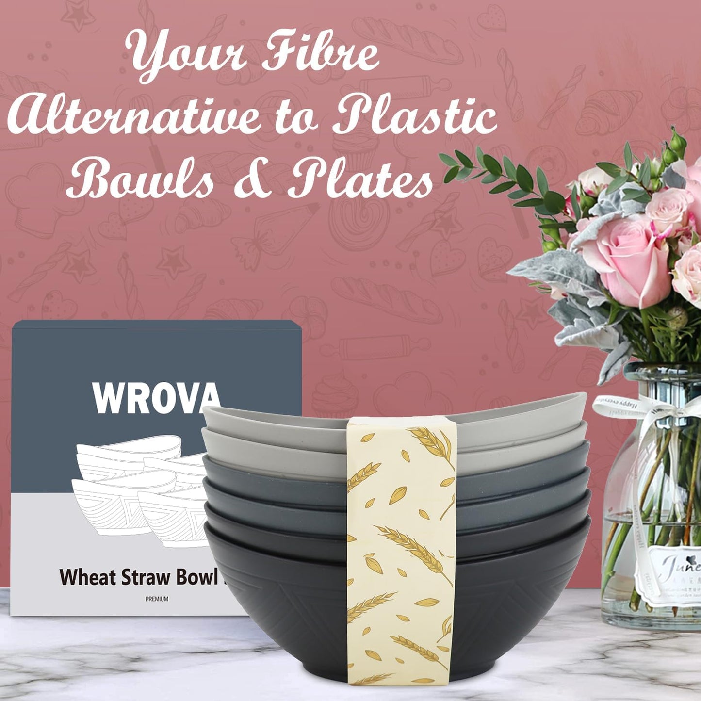 65oz Big Wheat Straw Bowls - Large Salad Bowls set of 6 - Unbreakable Serving Bowls - Microwave & Dishwasher Safe - Oval Bowls for Cereal,Salad,Fruit - Classic Series