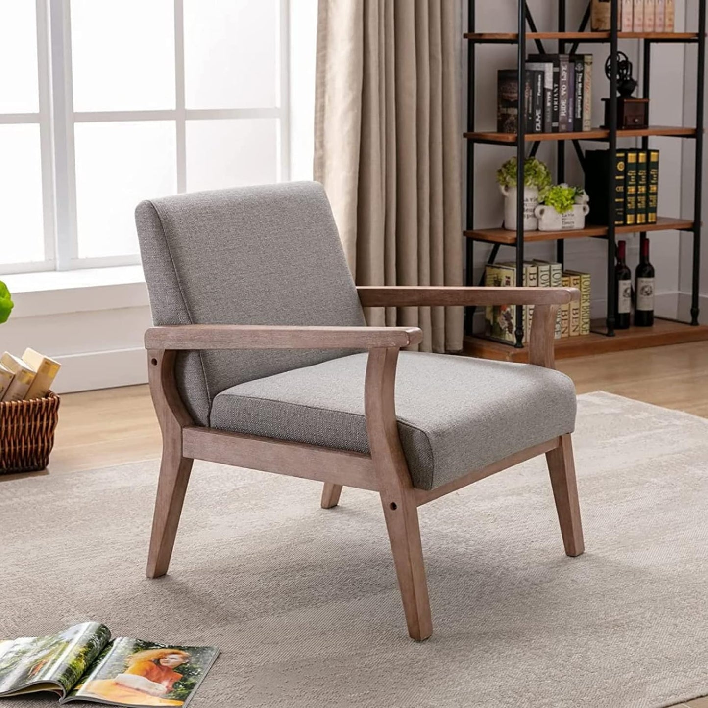 Upholstered Recliner Chair Mid Century Modern Accent Chair Comfy Fabric Armchair Indoor Corner Chair with Wood Frame for Bedroom Living Room Sitting, Grey